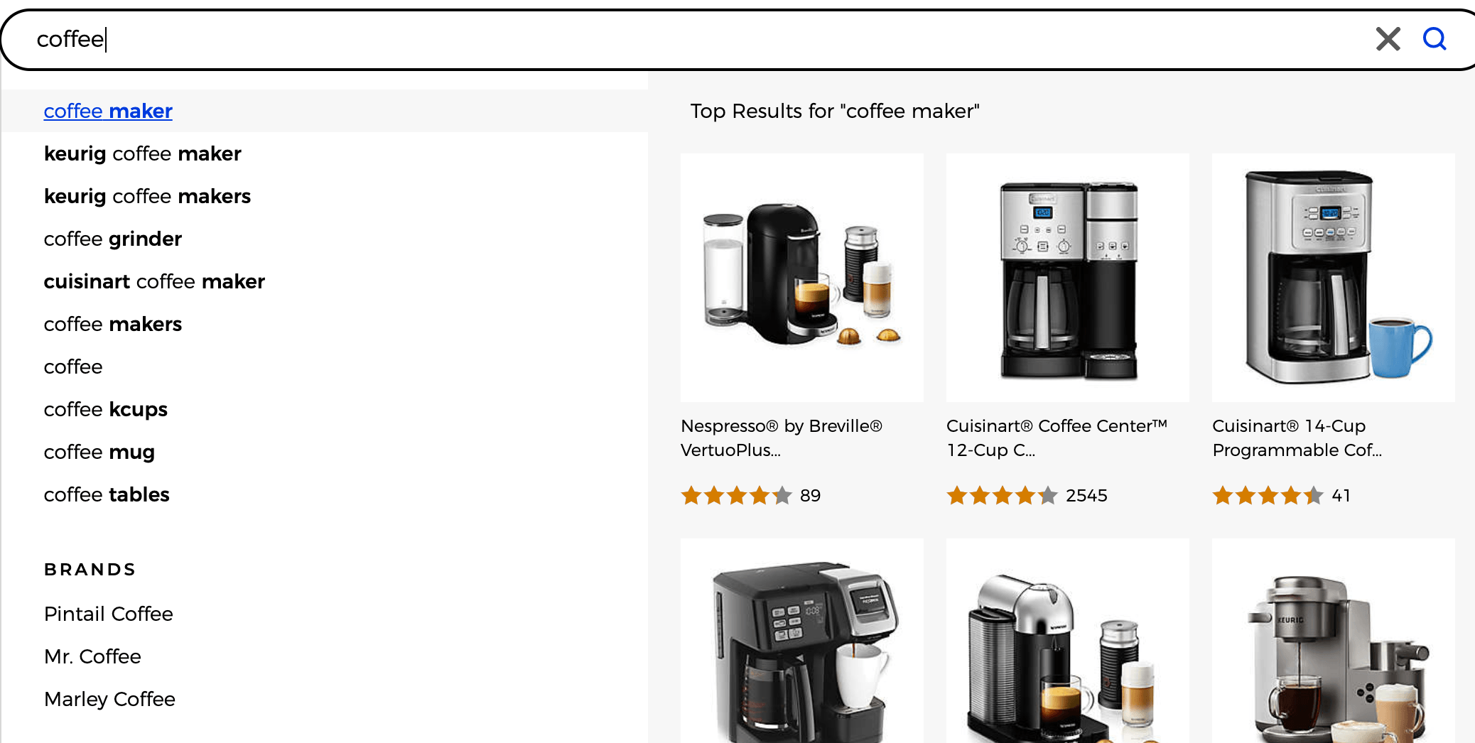 Example of autocomplete when shopping online using the keyword "coffee." Multiple keywords, such as "coffee grinder," show as results. 