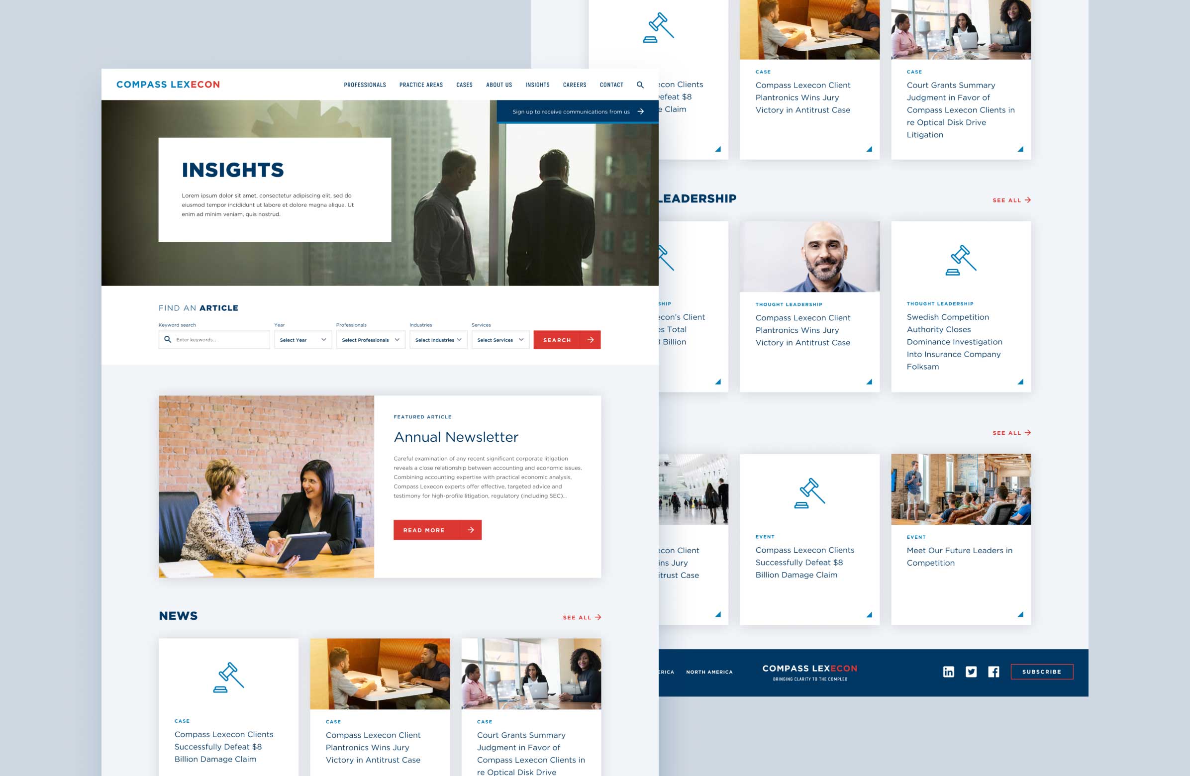 A composition of the insights page for the Compass Lexecon website that was designed and built by Fresh Consulting