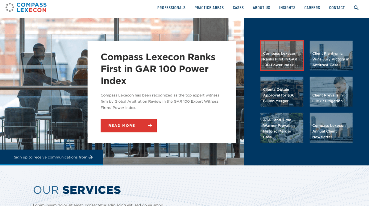 A mockup of the homepage that was designed for Compass Lexecon by Fresh Consulting used as an &quot;After&quot; image
