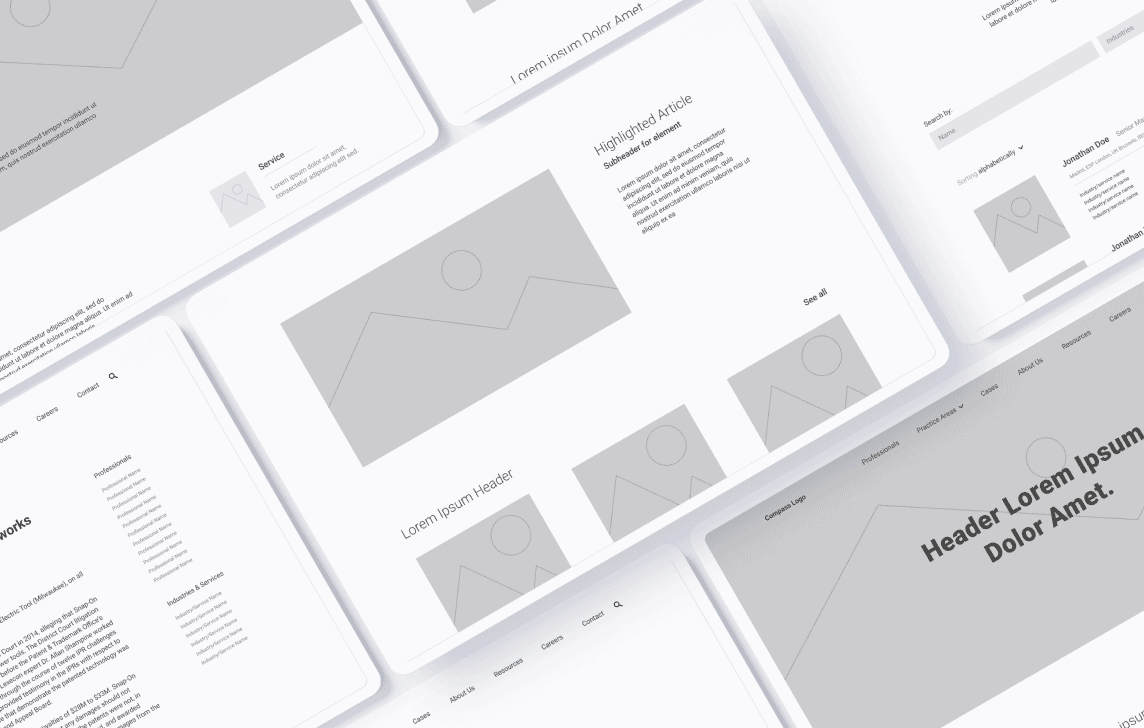 A mockup of wireframes that represent part of the design process for the Compass Lexecon website design