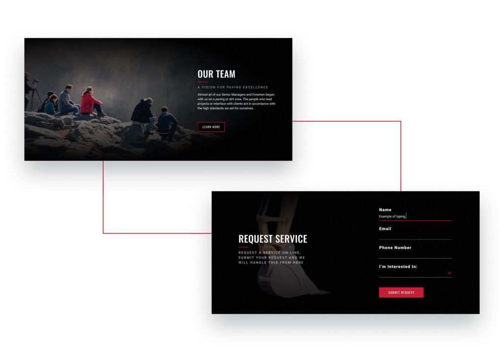 Graphic of the our team banner and request service banner from the puget paving website for the Fresh Consulting portfolio