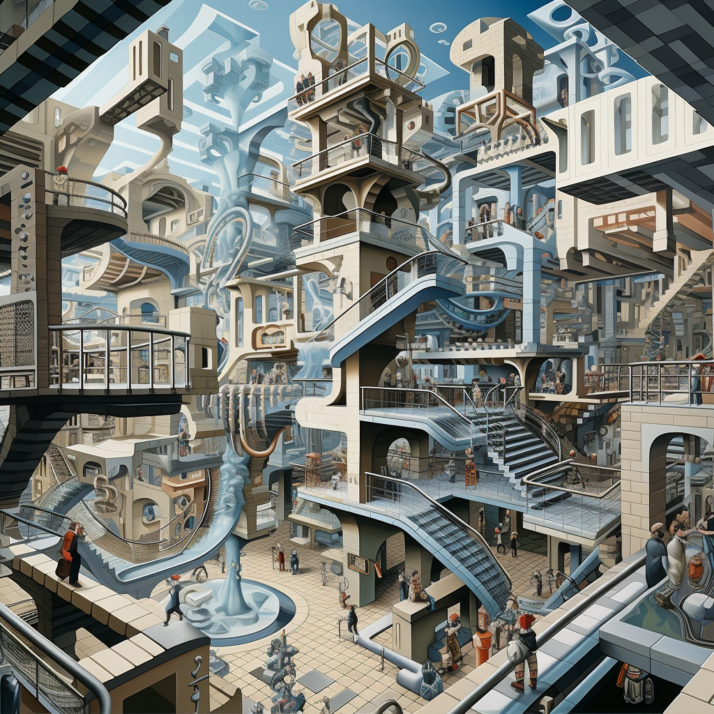 A visual showing the bisection of innovative industries in the style of Maurits Cornelis Escher (MC Escher), a famous Dutch graphic artist.