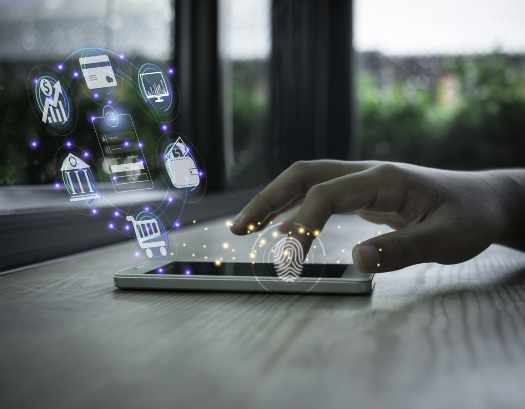 Businessman using smartphone and fingerprint scanning unlock and online banking and icon on network connection