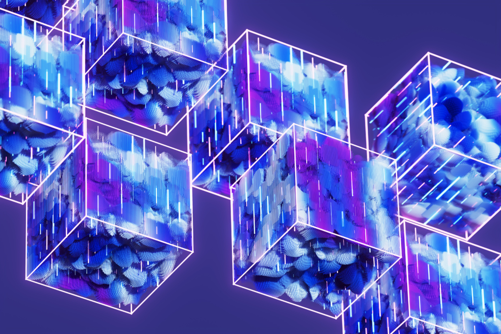 Abstract cubes containing colorful particles and glowing lines representing AI and data processing