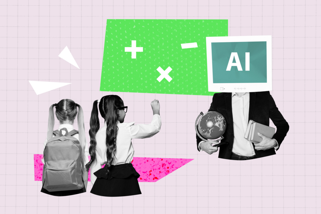 Full 3d art trend collage of two happy schoolgirls stand back headless teacher man pc monitor artificial intelligence cyber courses.