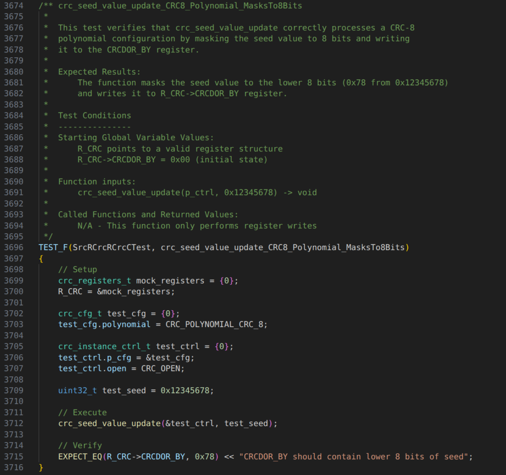 This is an excerpt of the AI’s output containing a single test case for our firmware unit testing process.