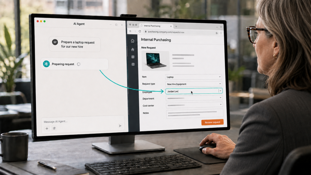 A senior female leader reviews a laptop request prepared by an AI agent in an internal purchasing application.